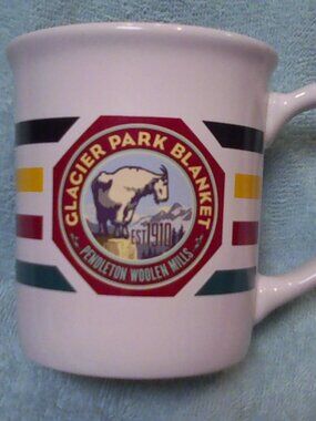 Pendleton Woolen Mills Glacier Park Blanket Mug White w/ Stripes & Goat 18 oz